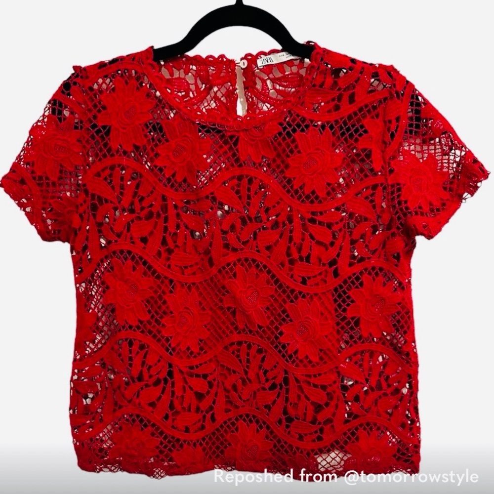 Zara Red Crochet Lace Top Short Sleeve Lined Blouse Size S